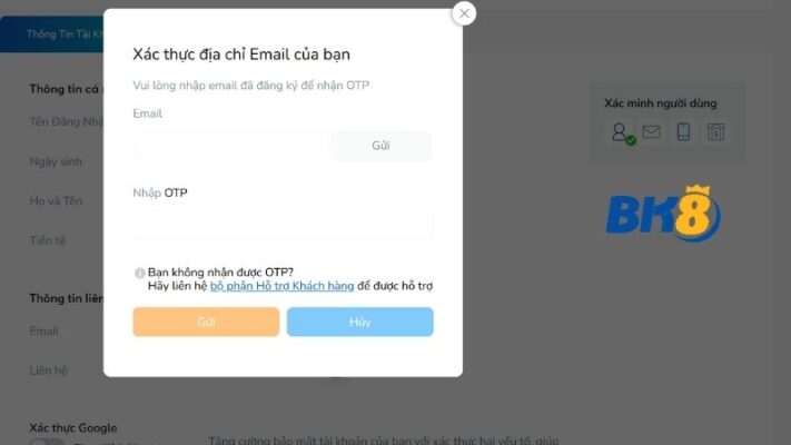Cách truy cập phần xác minh tài khoản BK8